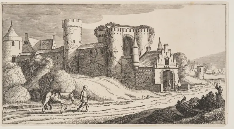 A Peasant with a Horse on a Road Near City Walls, from Landscapes (Playsante Lantschappen)