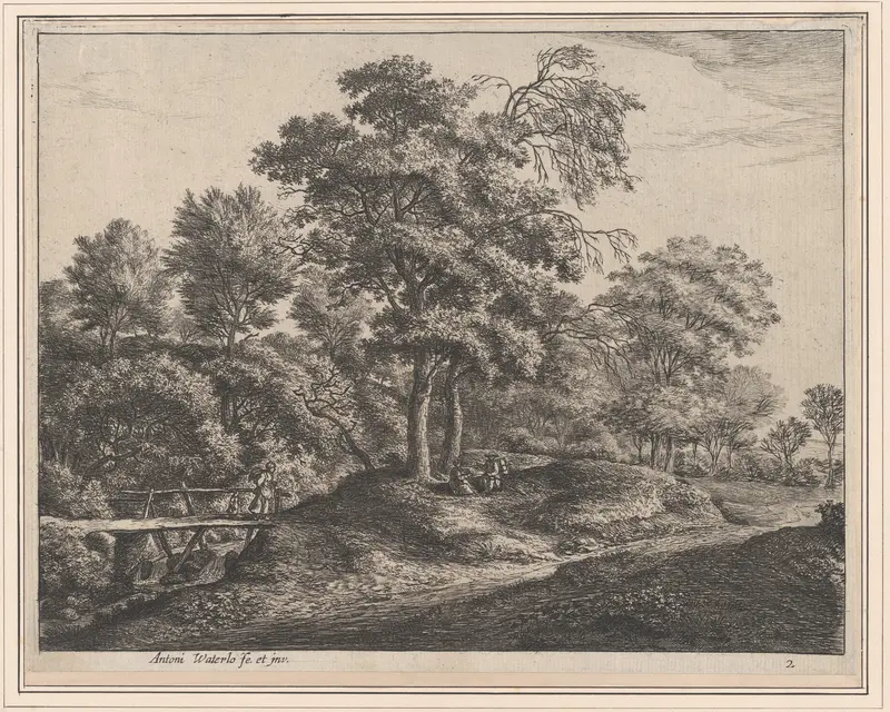 A Peasant Woman and Daughter on a Small Wooden Bridge Wall Art by Anthonie Waterloo - High-Resolution Digital Print