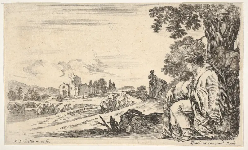 A peasant woman facing left in profile nurses a baby under a tree at right, a woman, seen from behind, walking next to a donkey in the middle ground, a church and bridge to left in background, from "Various figures and lands" (Diverse figure e paesi) Wall Art by Stefano della Bella - High-Resolution Digital Print