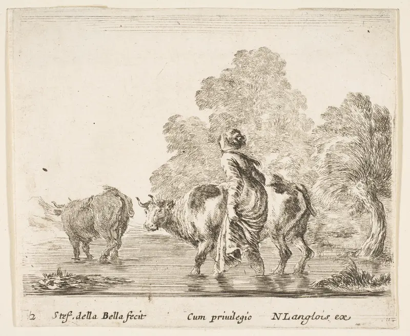 A peasant woman herds two cows across a stream, walking towards the left, plate 2 from "Diversi capricci" Wall Art by Stefano della Bella - High-Resolution Digital Print