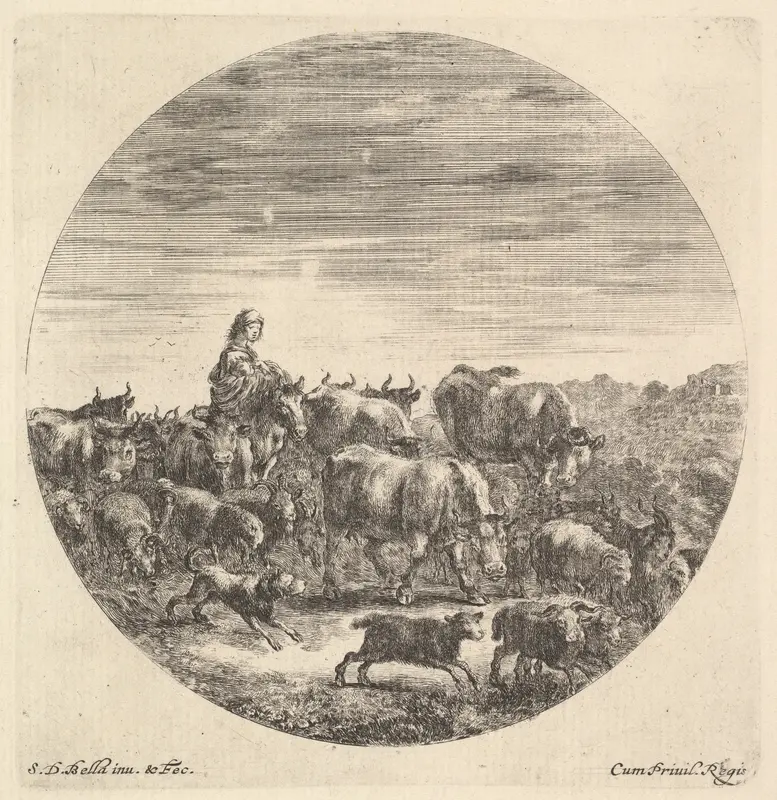A peasant woman seated on a horse to left, facing right, surrounded by a herd of cows, goats, sheep, and dogs, from "Six Animal Subjects" (Six Sujets d'Animaux) Wall Art by Stefano della Bella - High-Resolution Digital Print