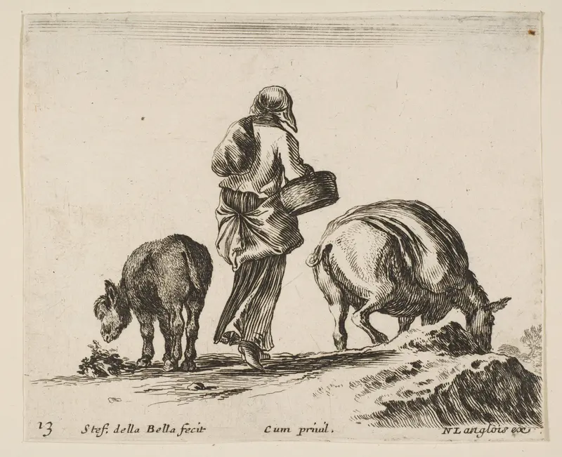 A peasant woman, seen from the back, holding a basket in center, a donkey to left and a horse with a pack on its back to right, plate 13 from "Diversi capricci" Wall Art by Stefano della Bella - High-Resolution Digital Print