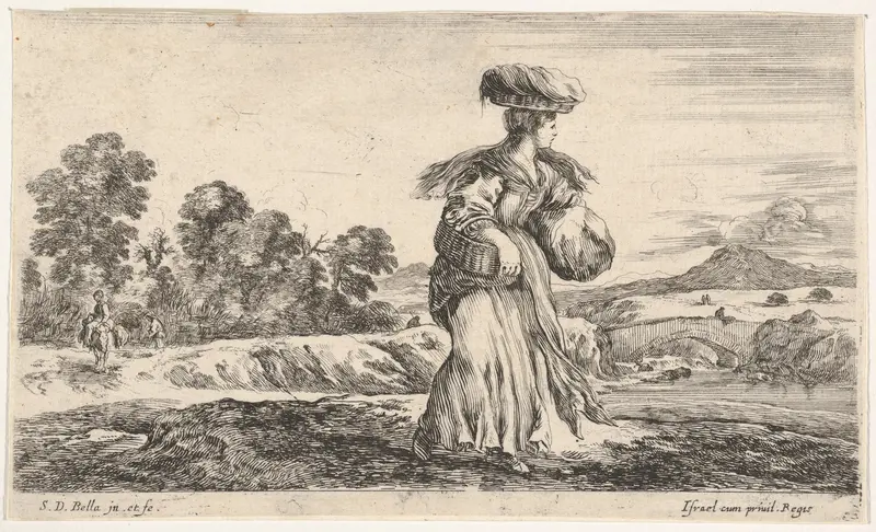 A peasant woman, standing in center facing right, carrying one basket on her head and another in her right arm, another peasant woman on a donkey and a figure on foot to left in the background, from "Various figures and lands" (Diverse figure e paesi Wall Art by Stefano della Bella - High-Resolution Digital Print