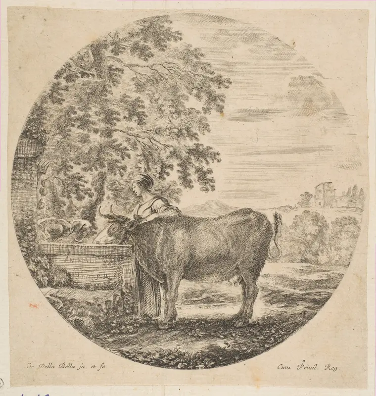 A peasant woman with a cow at a fountain decorated with the Medici arms, from "Six animal subjects" (Six sujets d'animaux) Wall Art by Stefano della Bella - High-Resolution Digital Print