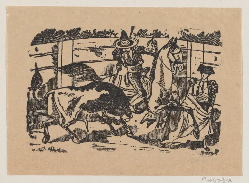 A picador on horseback stabbing a bull Wall Art by José Guadalupe Posada - High-Resolution Digital Print
