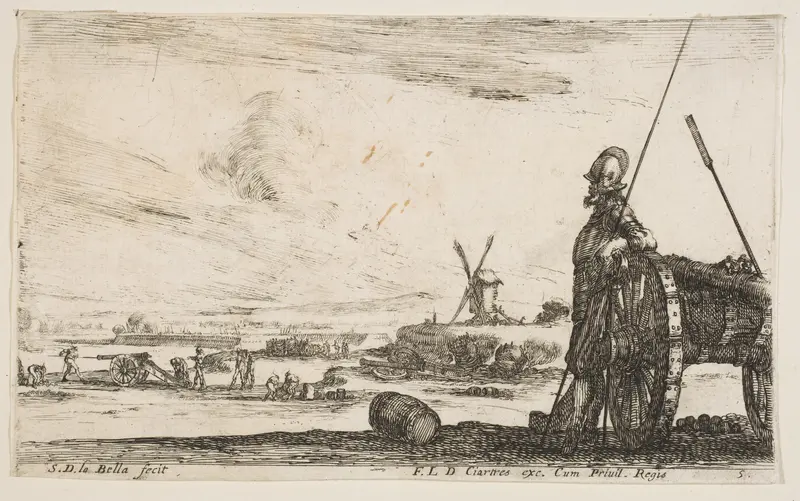 A Pikeman standing at right next to a canon, other military figures in the background, plate 5 from "Various Military Caprices" (Varii capricci militari) Wall Art by Stefano della Bella - High-Resolution Digital Print