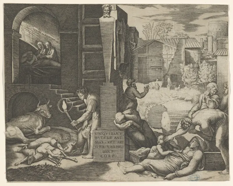 A plague scene at right, a man at left holding a torch illuminating part of the scene at left, sick people at the right