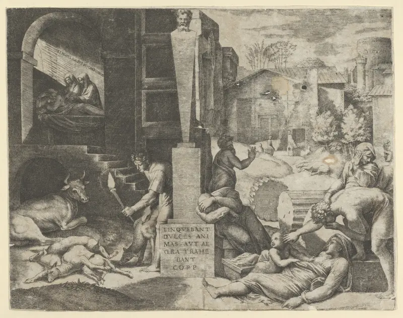 A plague scene at right, a man at left holding a torch illuminating part of the scene, ill people at the right