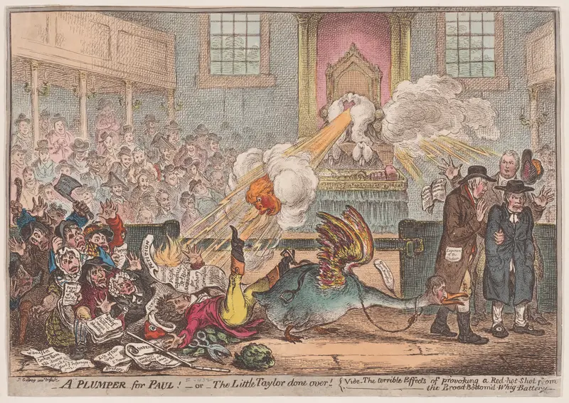 A Plumper for Paul!–or–the Little Taylor Done Over; vide–the terrible Effects of provoking a Red-hot Shot from the Broad-Bottom'd-Whig-Battery Wall Art by James Gillray - High-Resolution Digital Print