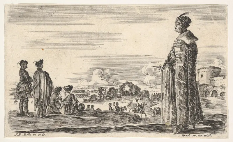 A Polish man in a long robe standing at right in profile, facing left, other Polish men to left, groups of horsemen to left in background and a castle to right in background, from "Various figures and lands" (Diverse figure e paesi) Wall Art by Stefano della Bella - High-Resolution Digital Print