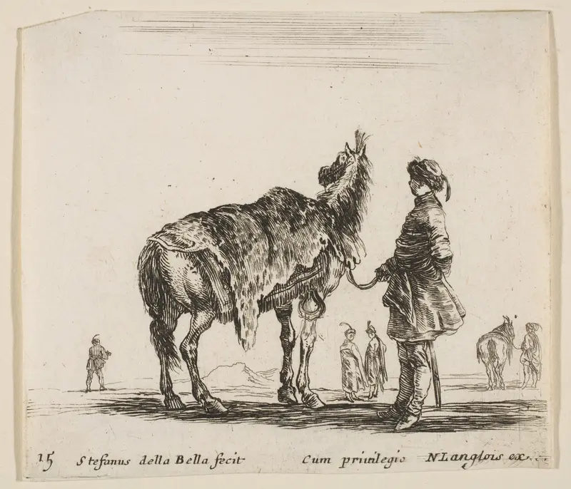 A Polish nobleman, facing away, holding his horse covered in leopard skin, four men and a horse in background, plate 15 from "Diversi capricci" Wall Art by Stefano della Bella - High-Resolution Digital Print