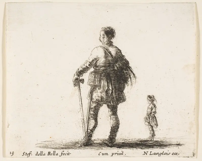 A Polish nobleman in court dress, standing in center, seen from behind, another nobleman to right in background, plate 19 from "Diversi capricci" Wall Art by Stefano della Bella - High-Resolution Digital Print