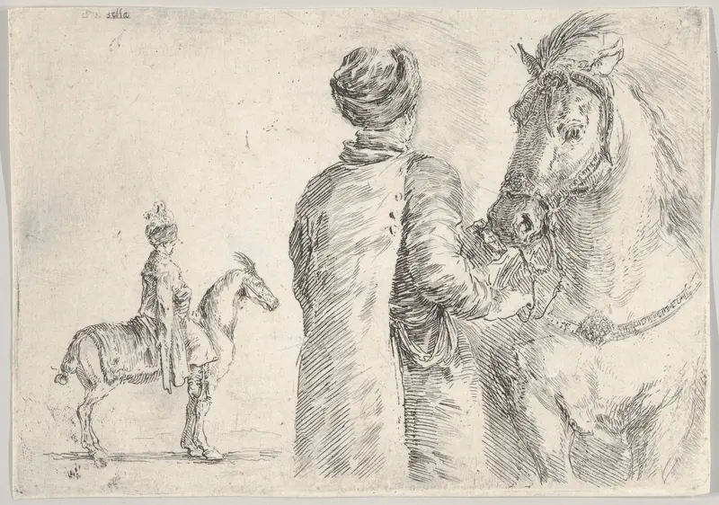 A Polish valet, seen from behind, holding the bridle of a horse to right, a Polish horseman in profile to left in the background Wall Art by Stefano della Bella - High-Resolution Digital Print