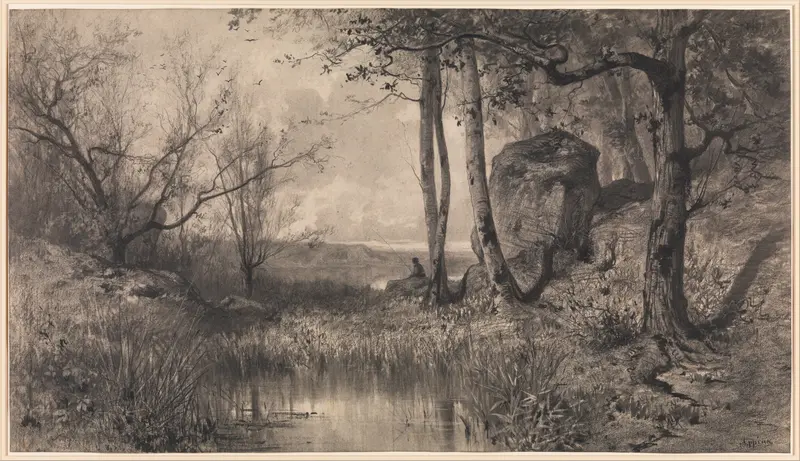 A Pond with a Fisherman along the River Ain Wall Art by Adolphe Appian - High-Resolution Digital Print