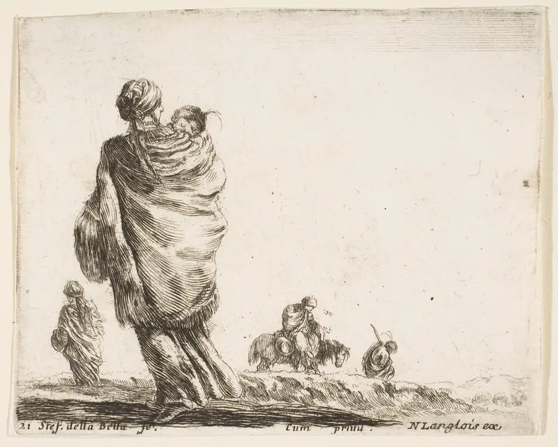 A poor woman to left, seen from behind, enveloping her child in a shawl, another woman seen from behind to left in background, a woman atop a horse and a man to right in background, plate 21 from "Diversi capricci" Wall Art by Stefano della Bella - High-Resolution Digital Print