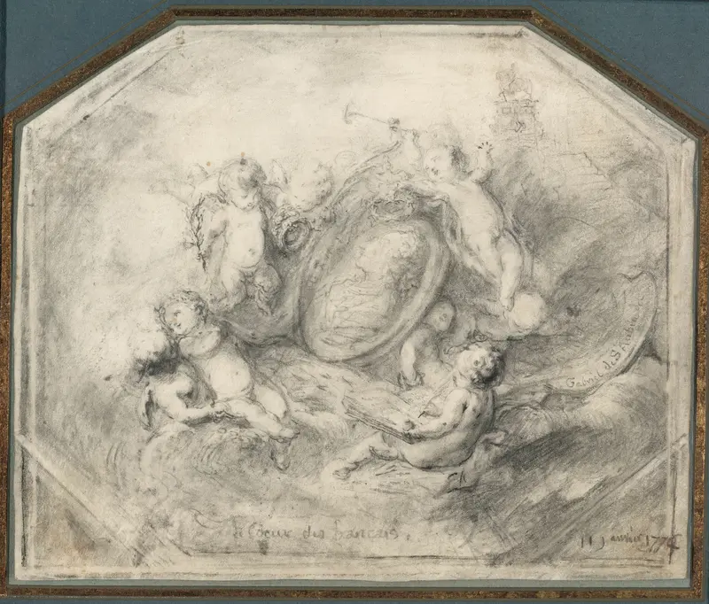 A Portrait Medallion of King Louis XV Surrounded by Putti Carrying the Attributes of Fame and History Wall Art by Gabriel Jacques de Saint-Aubin - High-Resolution Digital Print