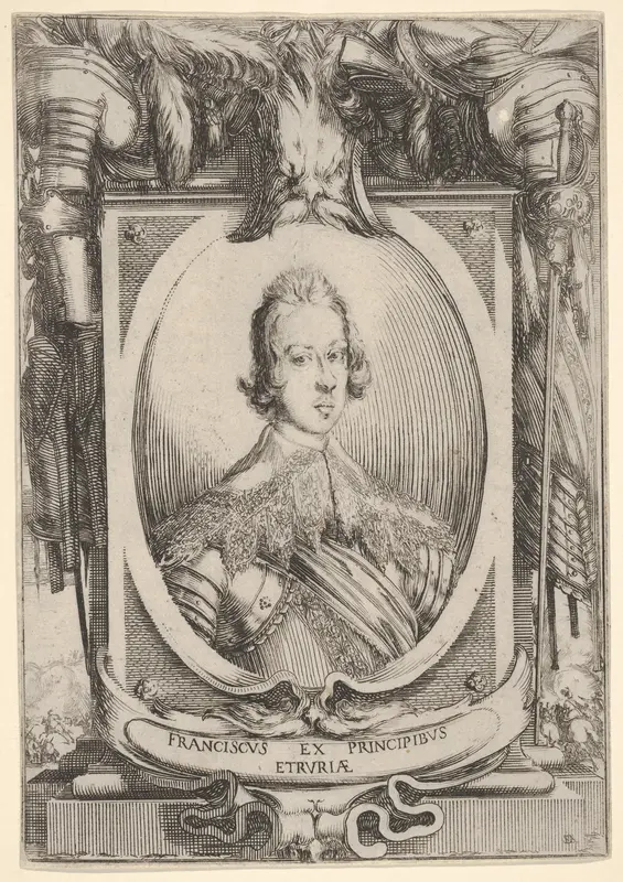 A portrait of Francesco de' Medici, within an oval frame, decorated with military equipment, battle scenes at bottom left and right outside of frame Wall Art by Stefano della Bella - High-Resolution Digital Print