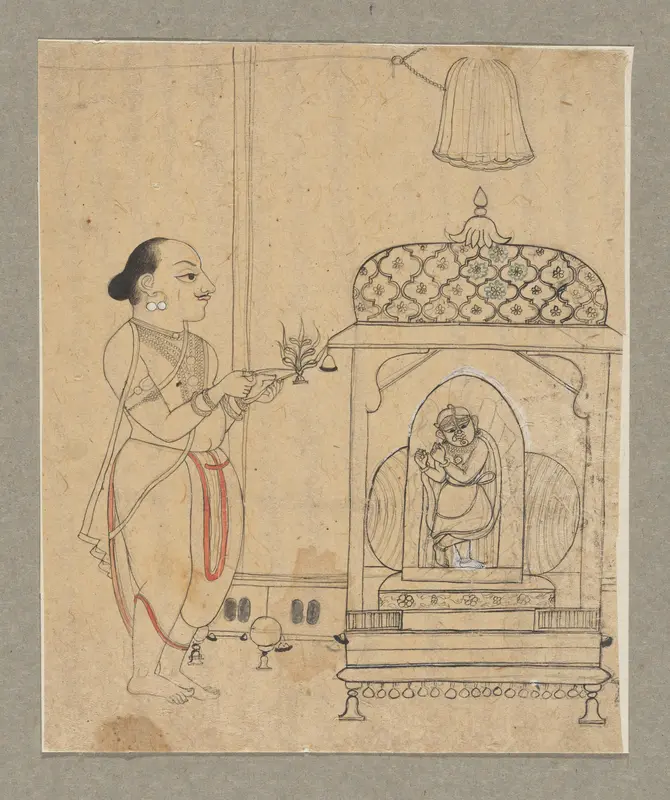 A priest performing arati (worship with lamps) before an image of Sri Madanmohanji Wall Art by anonymous - High-Resolution Digital Print