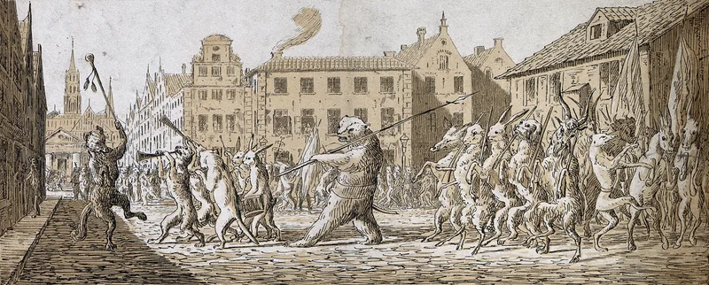 A procession of animals carrying guns and playing music is following a standard-bearing wolf on to a market place Wall Art by Johan Friedrich Leonhard Dreier - High-Resolution Digital Print