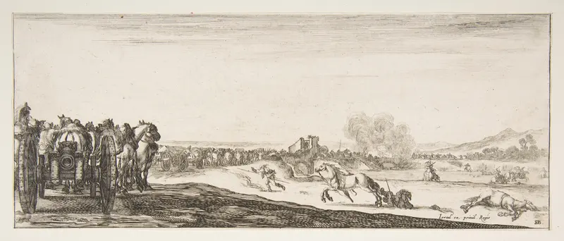 A procession of horse-drawn cannon carriages to left, horsemen in combat and a dead horse to right, battle on a bridge in center background, from "Peace and War" (Divers desseins tant pour la paix que pour la guerre) Wall Art by Stefano della Bella - High-Resolution Digital Print