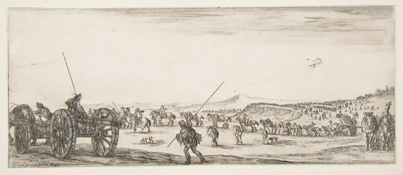 A procession of horsemen and cannons in the middle ground walking to the left, a cannon and two men to left, from "Peace and War" (Divers desseins tant pour la paix que pour la guerre) Wall Art by Stefano della Bella - High-Resolution Digital Print