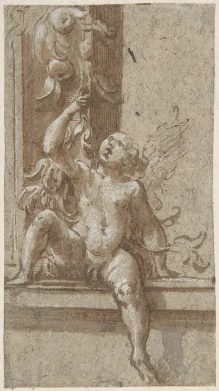 A Putto Seated on a Frame Wall Art by Girolamo Mazzola Bedoli - High-Resolution Digital Print