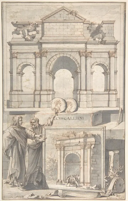A Reconstruction of the Arch of Gallienus (above) and a View of the Ruins (below) Wall Art by Jan Goeree - High-Resolution Digital Print