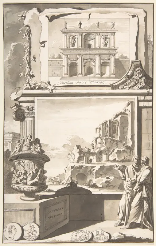 A Reconstruction of the Castellum Aquiae Martiae (above) and a View of the Ruins (below) Wall Art by Jan Goeree - High-Resolution Digital Print