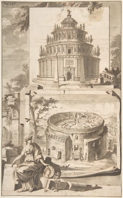 A Reconstruction of the Mausoleum of Augustus (above) and a View of the Ruins (below) Wall Art by Jan Goeree - High-Resolution Digital Print