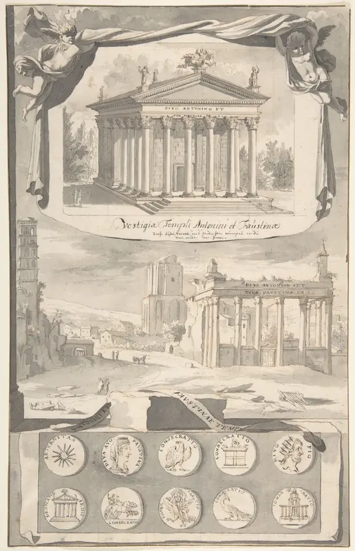 A Reconstruction of the Temple of Antonious and Faustina (above) and a View of the Ruins (below) Wall Art by Jan Goeree - High-Resolution Digital Print