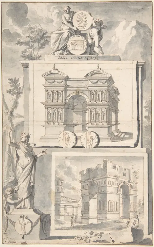 A Reconstruction of the Temple of Janus (above) and a View of the Ruins (below) Wall Art by Jan Goeree - High-Resolution Digital Print