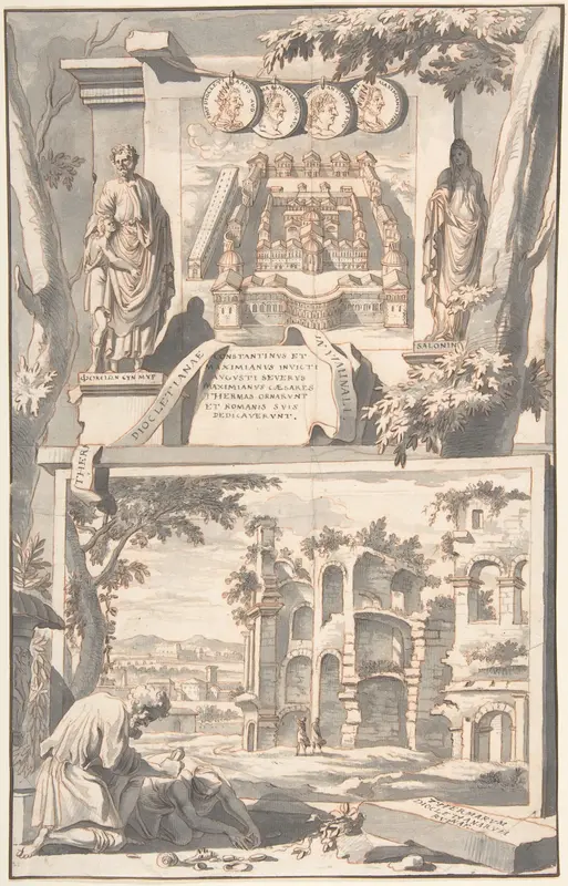 A Reconstruction of the Thermae of Diocletian (above) and a View of the Ruins (below) Wall Art by Jan Goeree - High-Resolution Digital Print