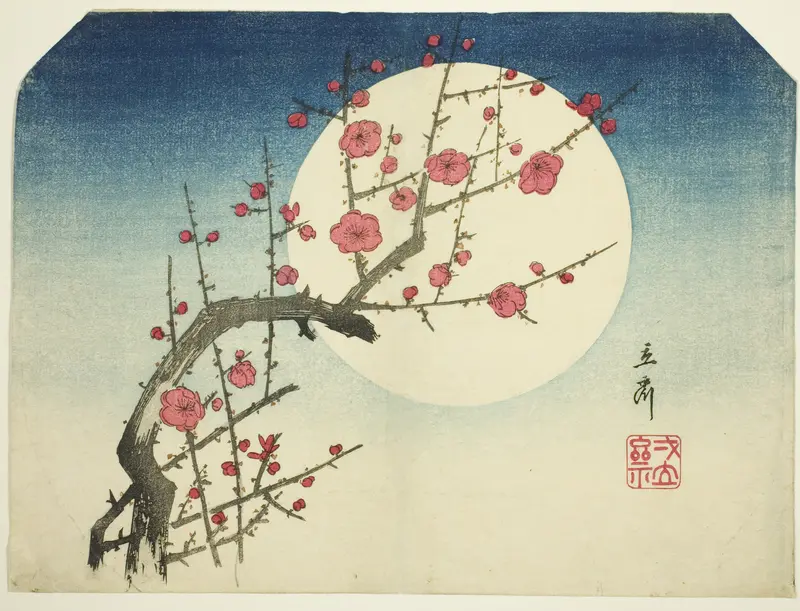 A Red Plum Branch against the Summer Moon Wall Art by Utagawa Hiroshige - High-Resolution Digital Print