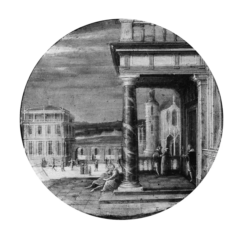 A Renaissance Portico with Elegant Figures Wall Art by Hendrick van Steenwijck II - High-Resolution Digital Print