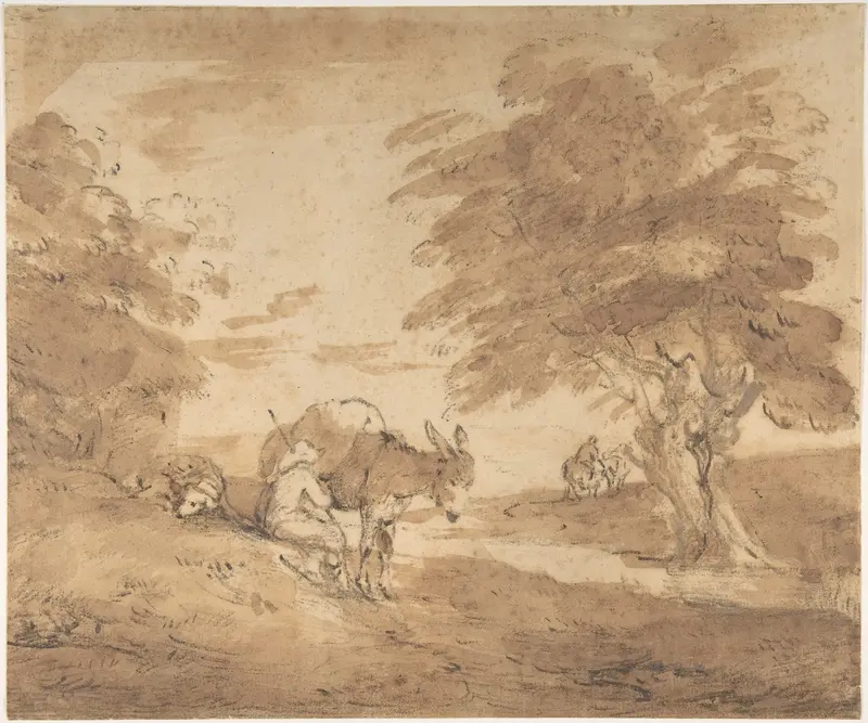 A Rest by the Way (Open Landscape with Figures, Donkey and Horses) Wall Art by Thomas Gainsborough - High-Resolution Digital Print