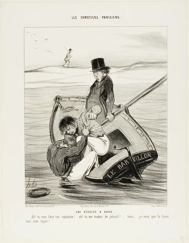A Revolt On Board. “- Ah! you want to be your own captain!... - Ah! you are treating me like an idiot... hey... I hope the Seine washes away that insult!,” plate 13 from Les Canotiers Parisiens