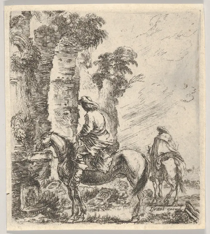A rider making his horse drink from a basin of a fountain at left, another horseman seen from behind riding towards the left in the background, plate 19 from "Various figures and doodles" (Diverses figures et griffonnemens) Wall Art by Stefano della Bella - High-Resolution Digital Print