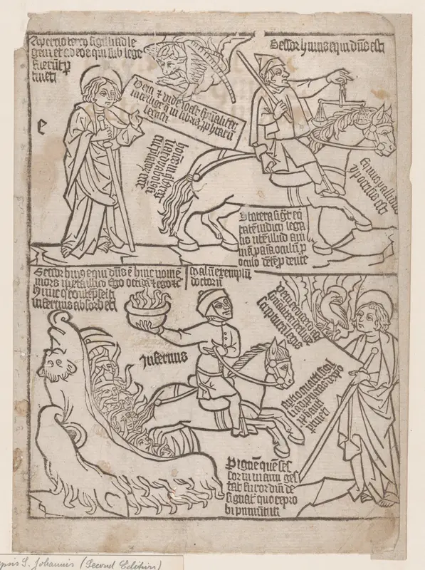 A Rider on a Black Horse with a Pair of Balances in His Hand; and A Pale Horse with Death as Its Rider, from an Apocalypse blockbook, 2nd edition Wall Art by Anonymous, Netherlandish, 15th century - High-Resolution Digital Print
