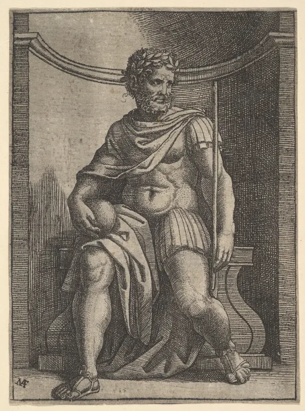 A  Roman emperor sitting in a niche holding a globe and sceptre and looking to his left