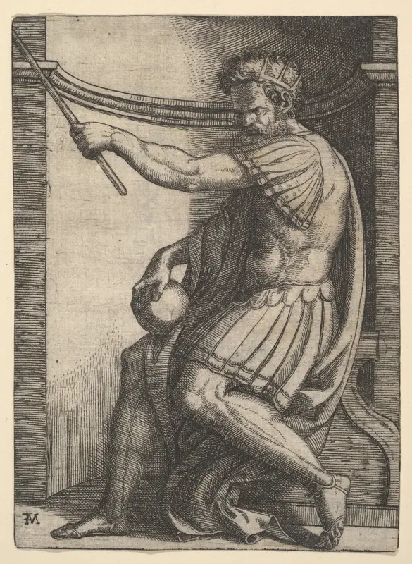 A Roman emperor sitting in a niche holding a sceptre in his raised left hand and a globe in his right hand