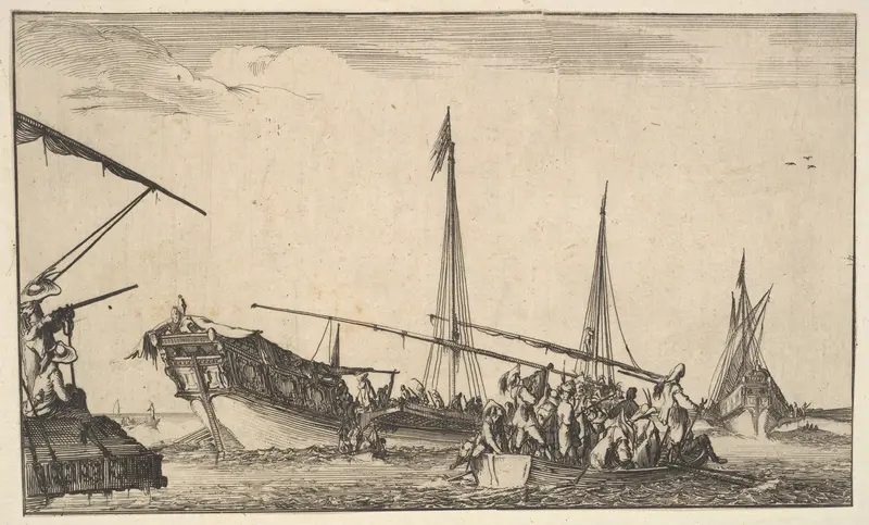 A rowboat full of men at right, a ship with men descending into a rowboat behind to left, two men with a shotgun on a ship to left, another ship to far right in the background, from "Set of eight nautical landscapes" (Suite de huit Marines) Wall Art by Stefano della Bella - High-Resolution Digital Print