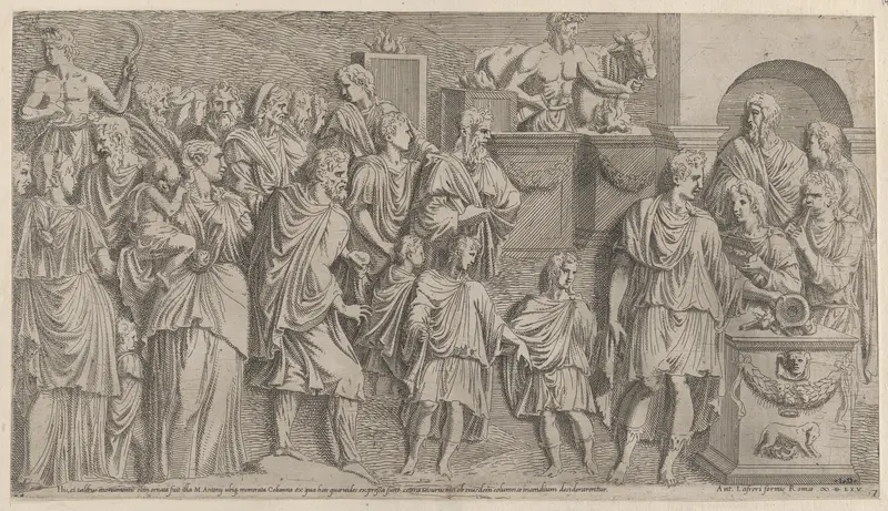 A Sacrifice, copied from a relief on Trajan's Column, from "Speculum Romanae Magnificentiae"