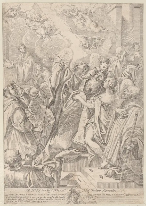 A saint at right, Saint John Nepomuk (?), surrounded by figures, raising his hands towards angels at upper left Wall Art by Anonymous - High-Resolution Digital Print