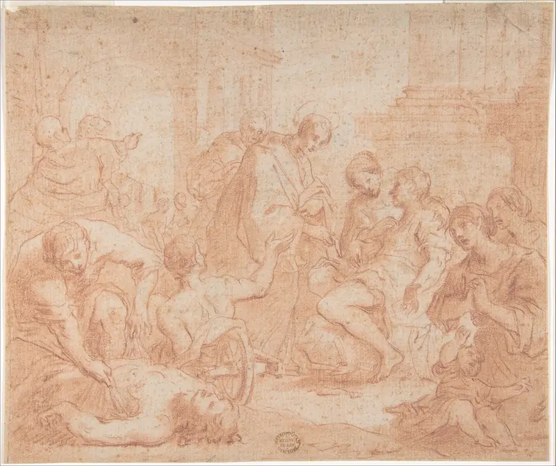 A Saint Healing the Sick (recto); Upper Body of Nude Male with Outstretched Arms, seen from the rear (verso) Wall Art by Anonymous, Italian, Roman-Bolognese, 17th century - High-Resolution Digital Print