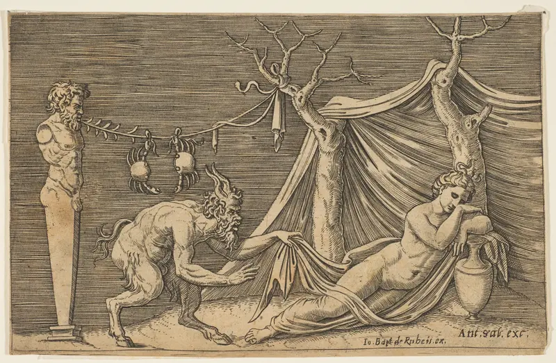 A satyr discovering a sleeping woman; two crabs hanging from a rope which is strung between a term and a tree