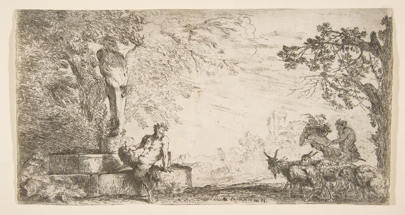 A satyr reclining at the foot of a staute of Priapus, goats at the right Wall Art by Giovanni Benedetto Castiglione (Il Grechetto) - High-Resolution Digital Print