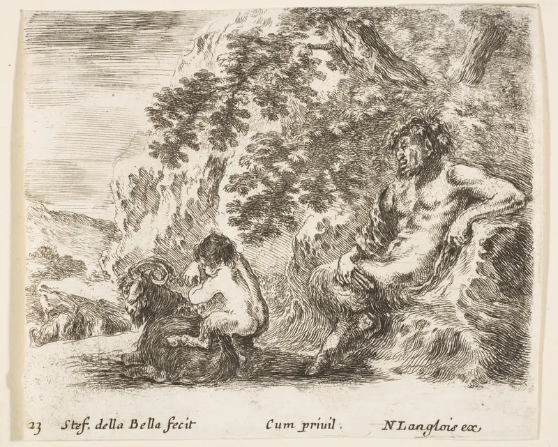 A satyr sitting against a tree to right and holding a flute in his right hand, a child playing with a goat to left, plate 23 from "Diversi capricci" Wall Art by Stefano della Bella - High-Resolution Digital Print