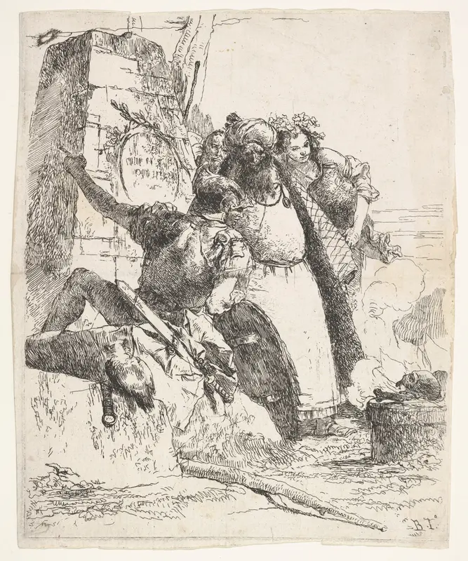 A scene of necromancy: a woman bearing a vessel, a turbaned man, and a soldier look toward a pedestal upon which a skull and limb bone are burning, a bearded male figure's face is visible behind the group, from "Turns of fantasy" (Scherzi di fantasia Wall Art by Giovanni Battista Tiepolo - High-Resolution Digital Print
