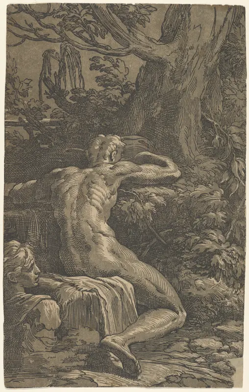A seated man viewed from behind (Narcissus) Wall Art by Antonio da Trento - High-Resolution Digital Print