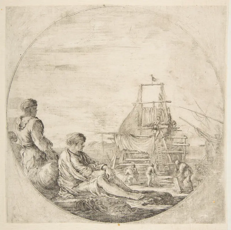 A seated white sailor and a standing black sailor, people building a ship in the background, a circular composition Wall Art by Stefano della Bella - High-Resolution Digital Print